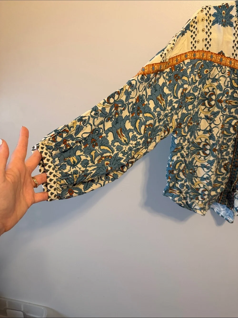 Anthropologie Teal, Cream & Orange Printed Button-Front Blouse - Picture 5 of 7